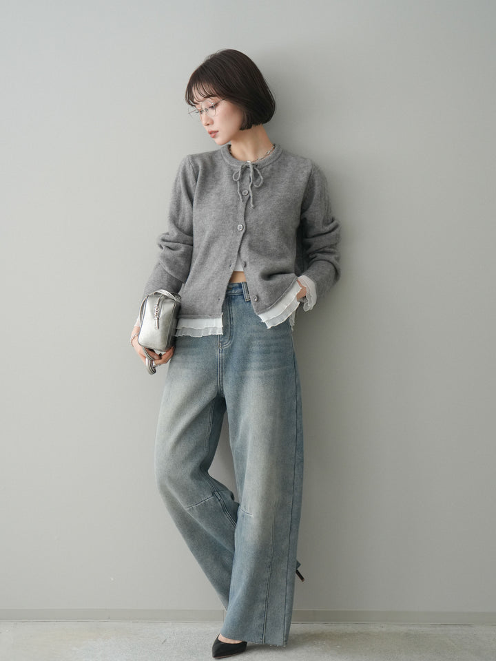[予約]裏起毛カットオフカーブデニムパンツ/blue