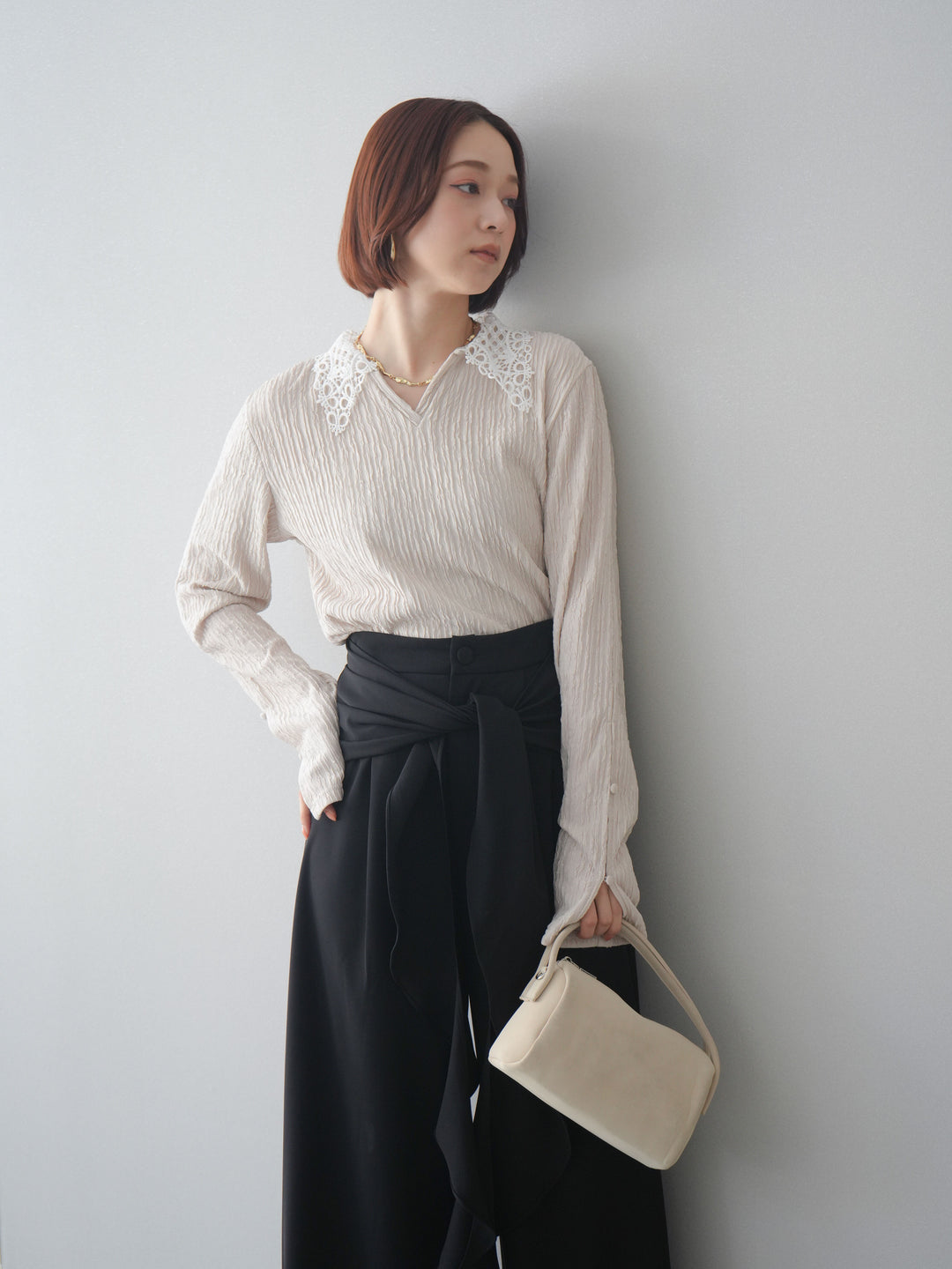 [SET]袖スリットレースカラートップス+ラッフルベルトワイドパンツ(2set)