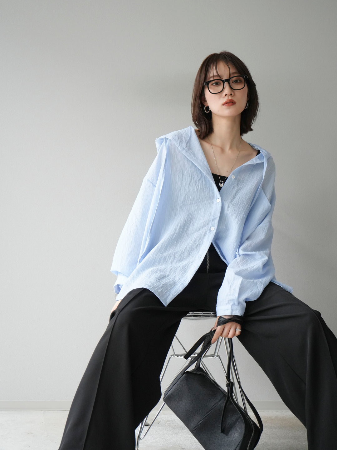 [予約]ワッシャーストライプフーディーシャツ/ブルー