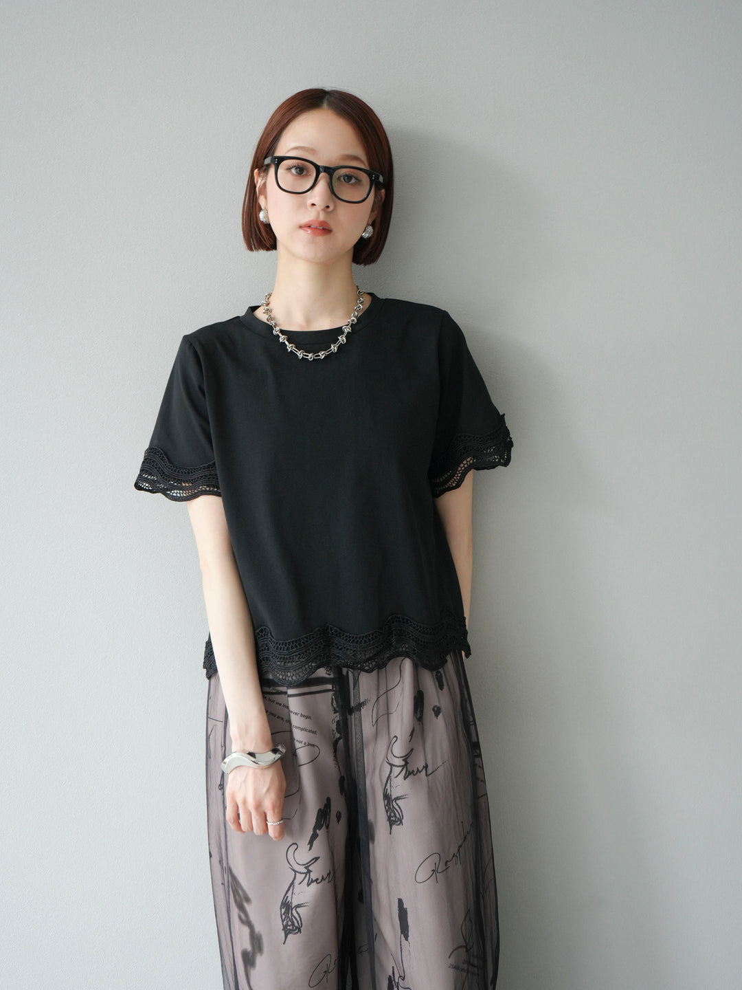 [SET]レース切替カットソー+コード刺繍チュールレイヤードパンツ(2set)