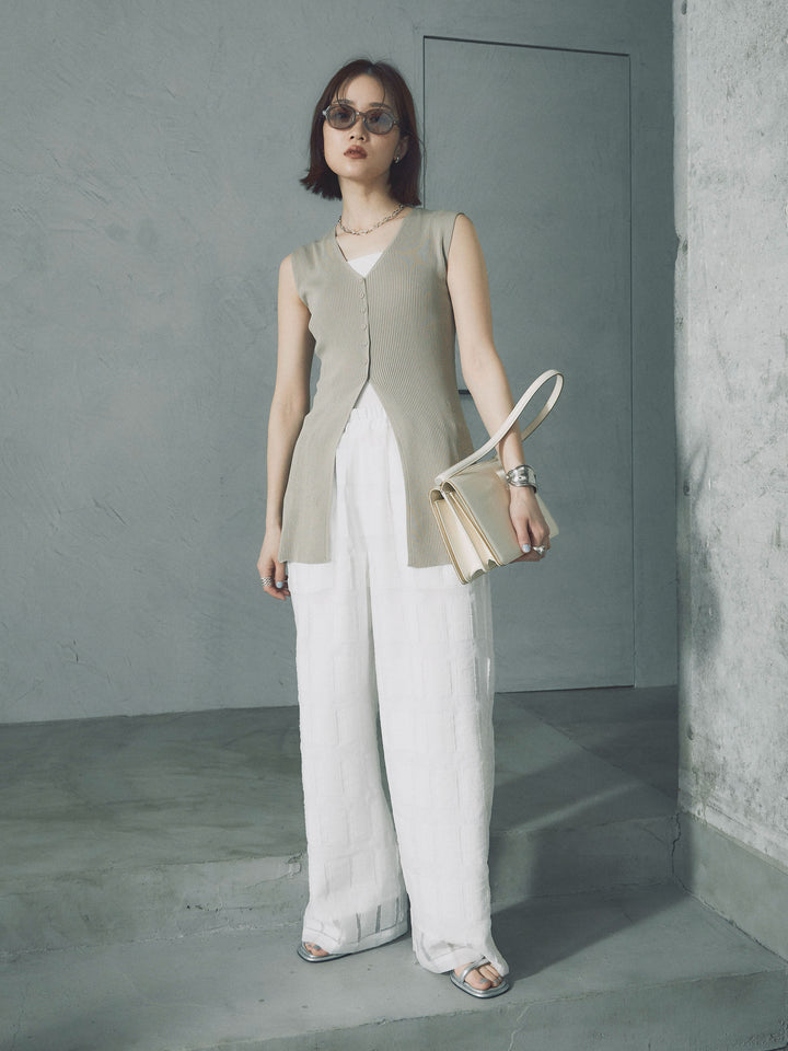 [予約]フロントスリットリブシェイプニットトップス/ベージュ