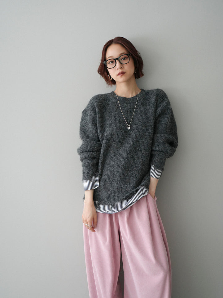 [SET]裾シャツレイヤードダメージニットプルオーバー+コーデュロイサイドタックコクーンパンツ(2set)