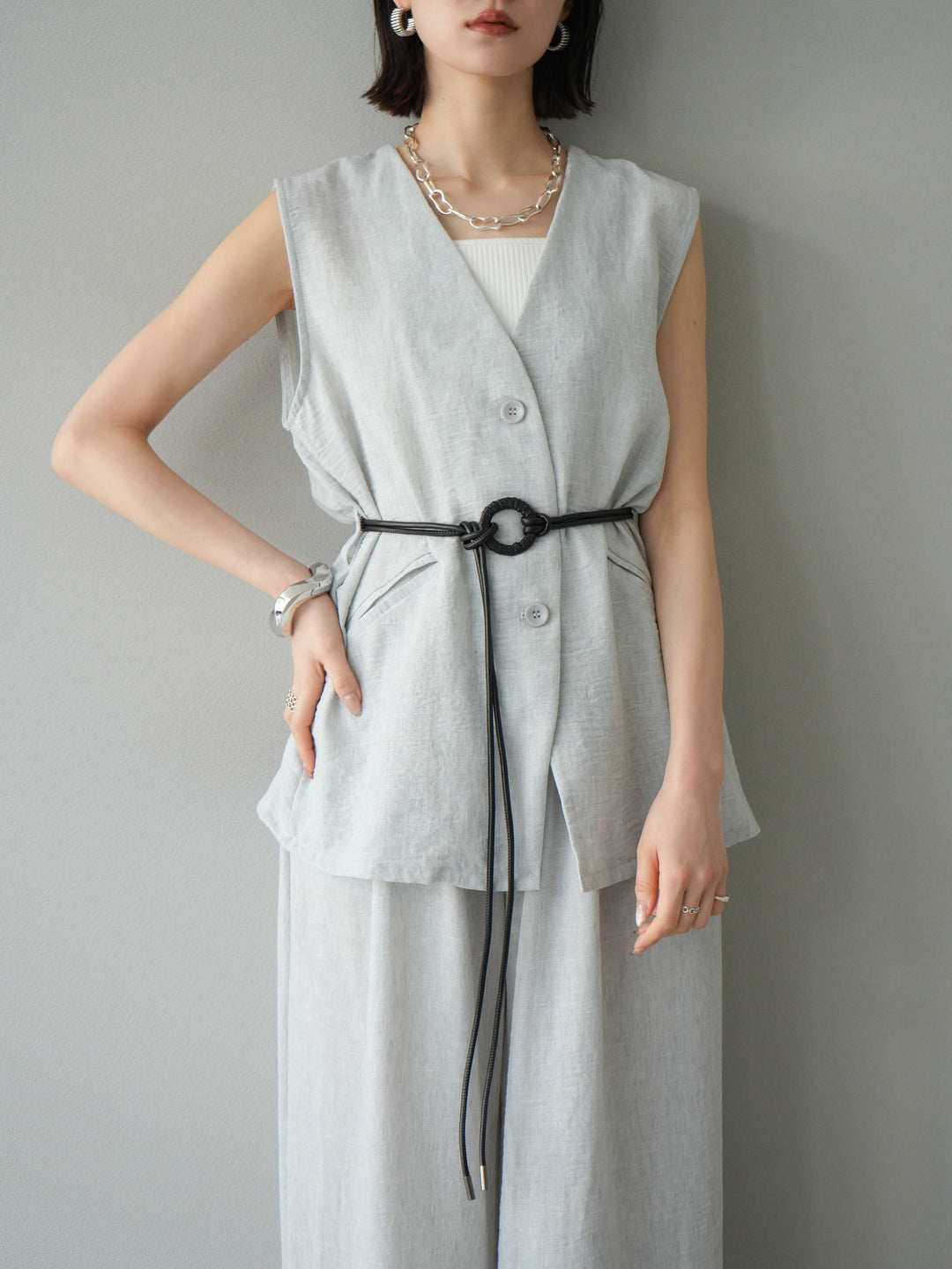 [SET]ベルト付リネンタッチベスト＆ワイドパンツSET UP(2set)