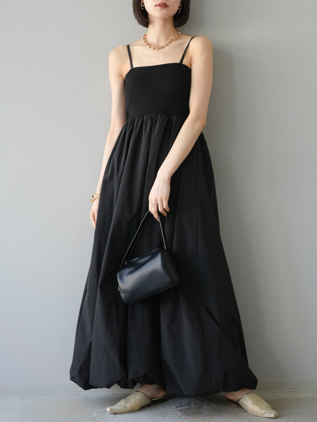 [予約]異素材ドッキングカップ付ベアキャミバルーンワンピース/ブラックブラック