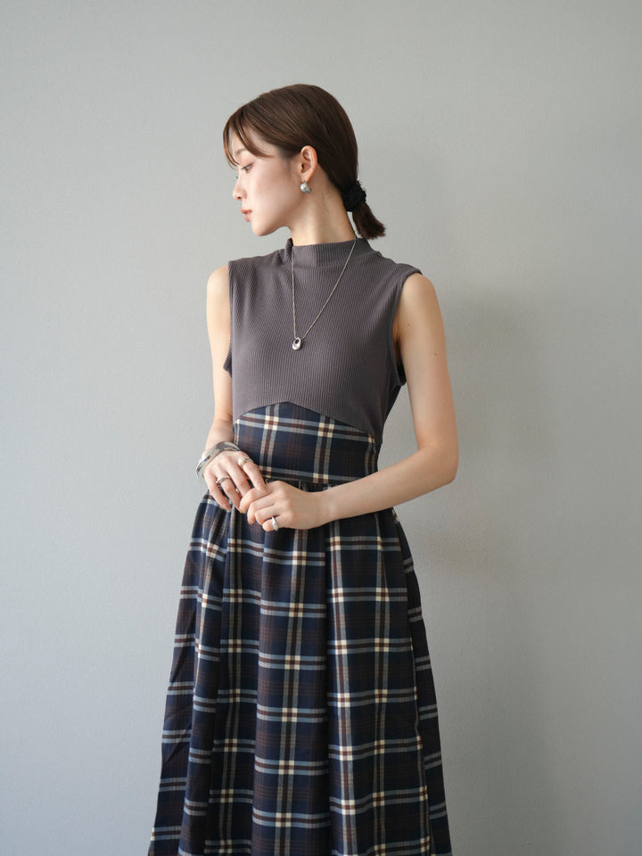 [SET]テレコ×チェックドッキングノースリワンピース+選べるアクセセット(2set)