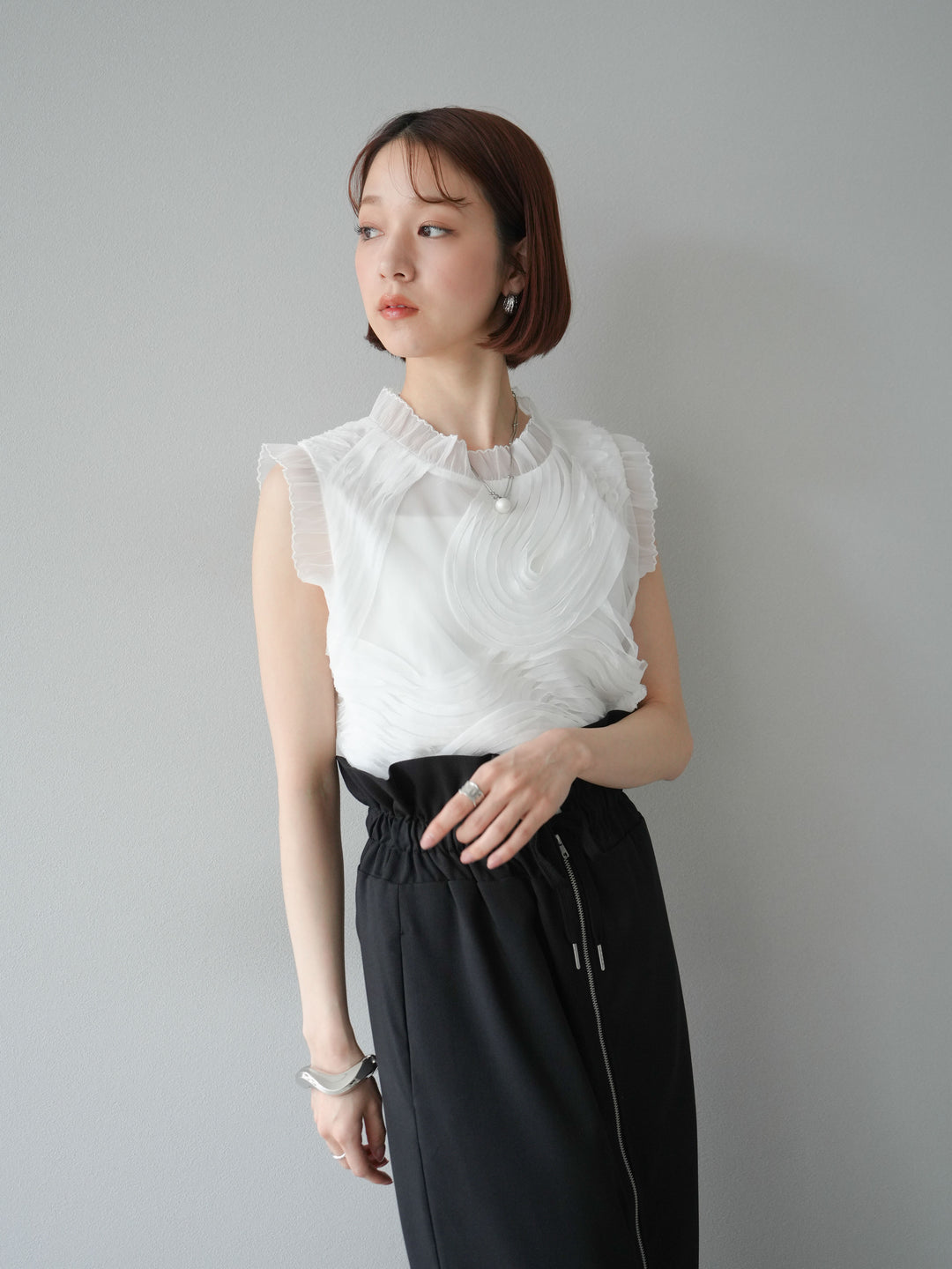 [SET]チュールジャガードノースリブラウス+ヘザーエステルギャザージップスカート(2set)