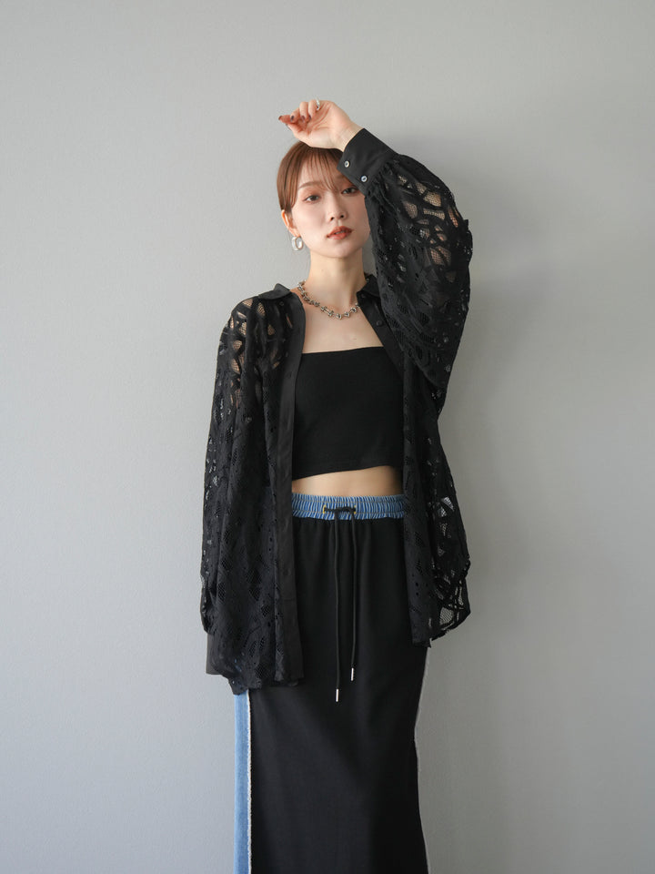 [SET]コードレースオーバーシャツ+デニムドッキングスウェットスカート(2set)