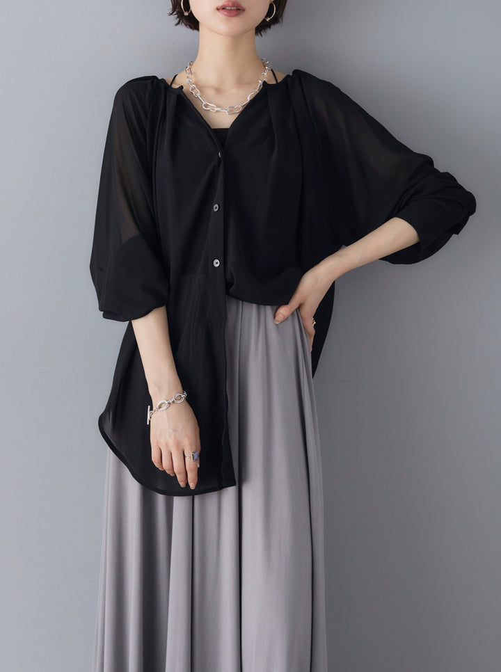 [Pre-order] Sheer No-Collar 2-Way LS Blouse/Black