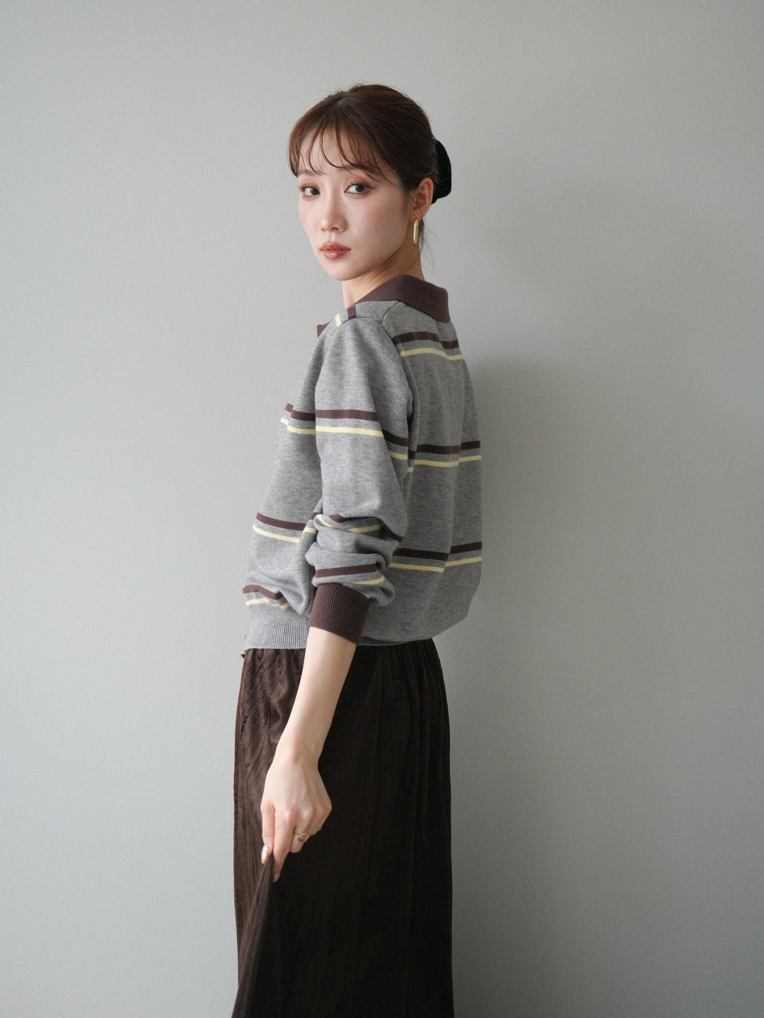 [予約]配色マルチボーダーポロニットカーディガン/gray