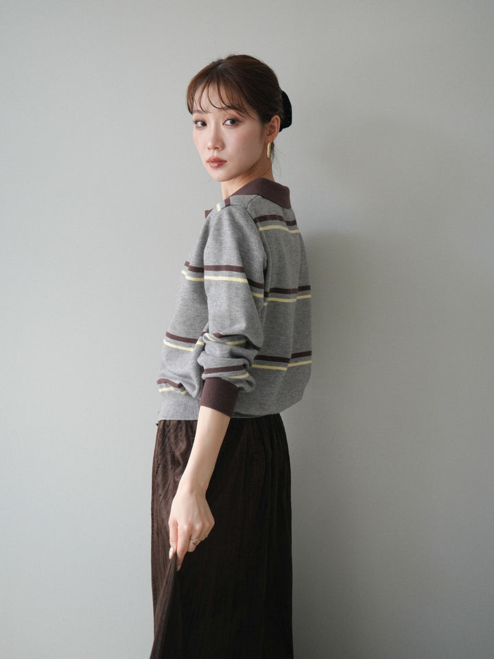 [予約]配色マルチボーダーポロニットカーディガン/gray