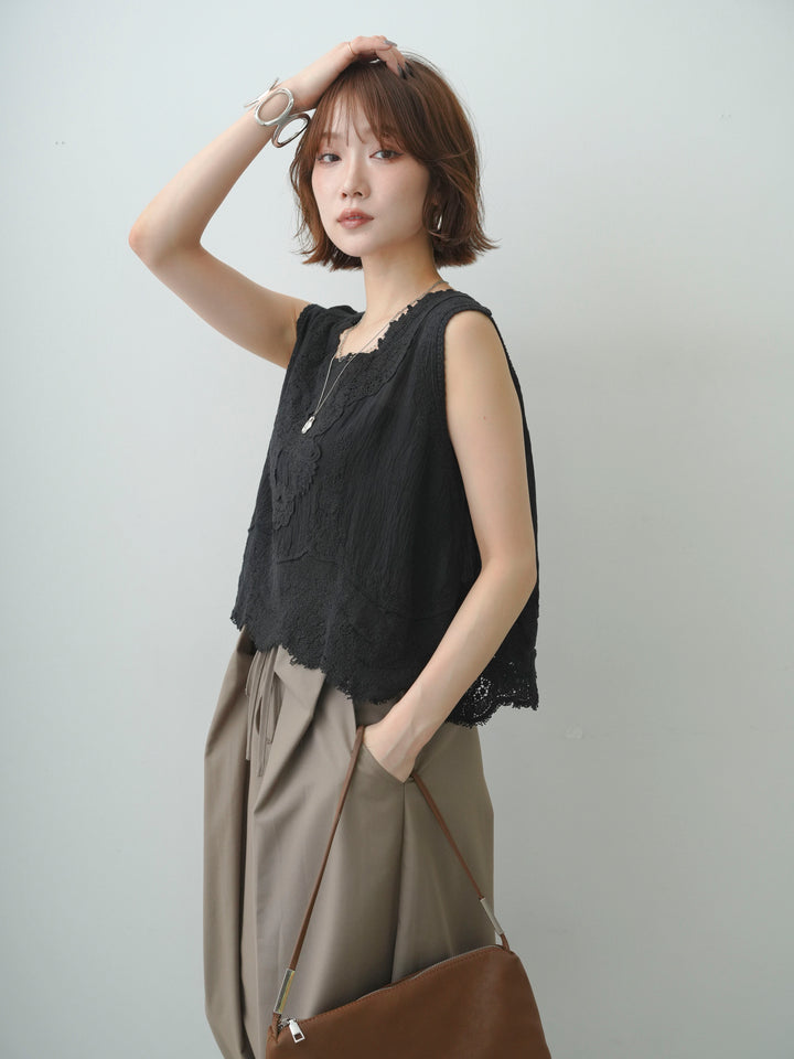 [予約]アンティークレースノースリトップス/black