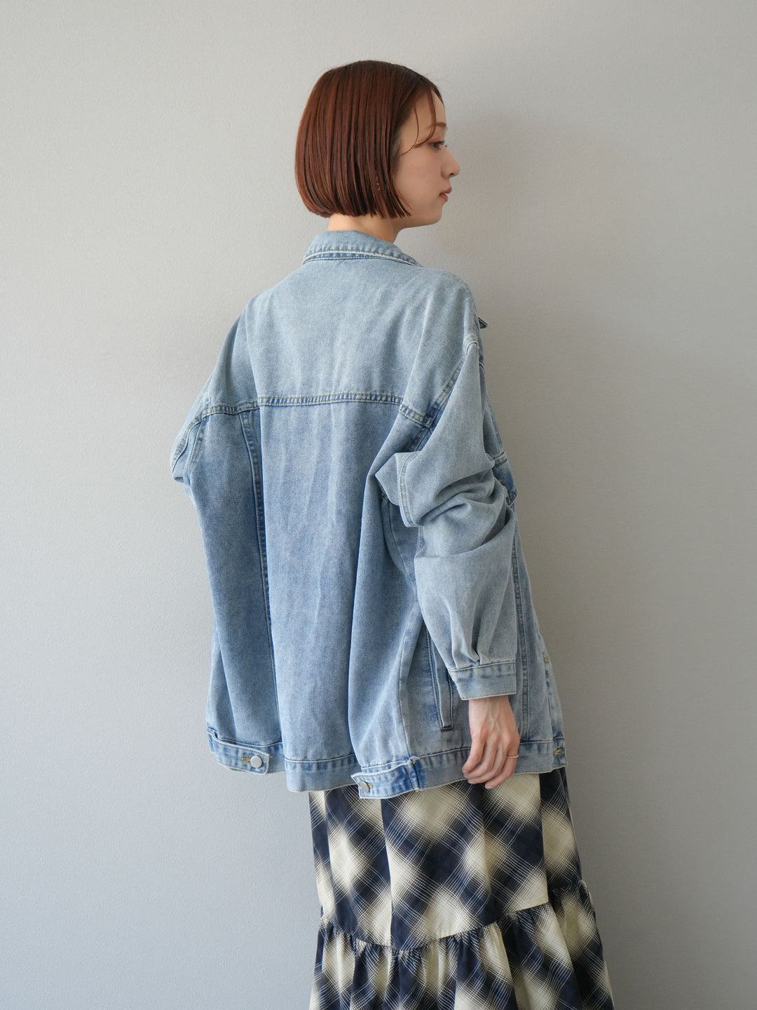 [SET]ベルト付チェックノースリーブワンピース+ビンテージデザインBIGデニムジャケット(2set)