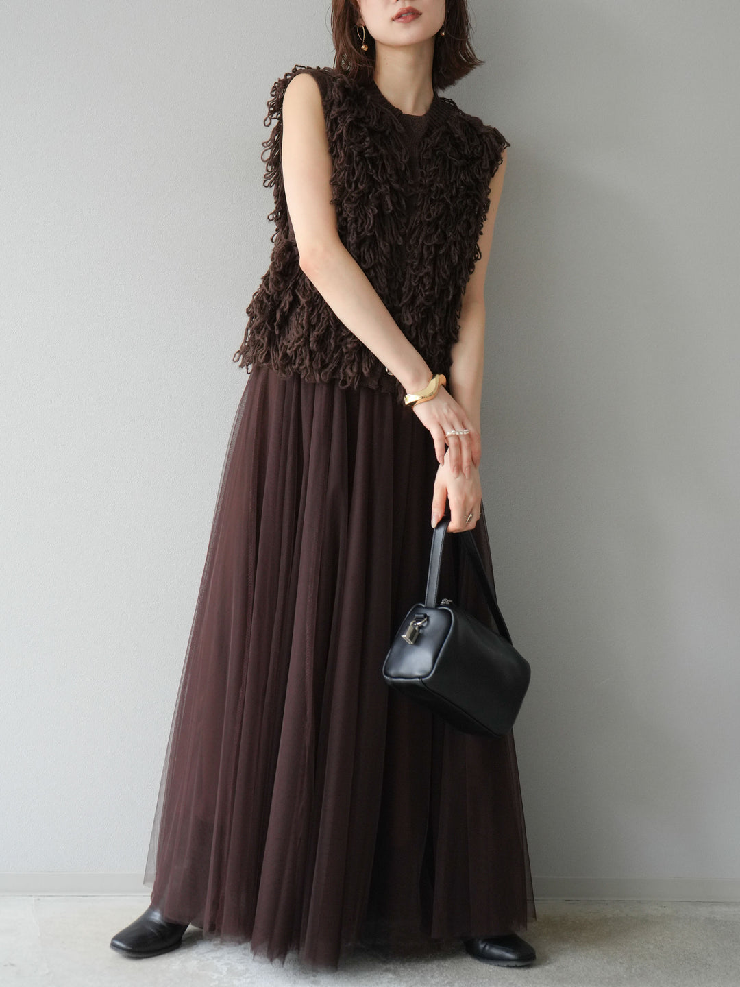 [SET] 前開衩針織背心 + 薄紗蓬鬆裙 (2 件套)