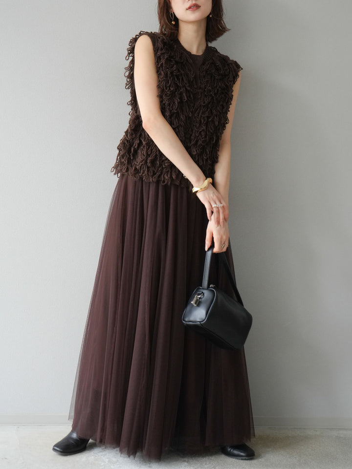 [SET] 前開衩針織背心 + 薄紗蓬鬆裙 (2 件套)