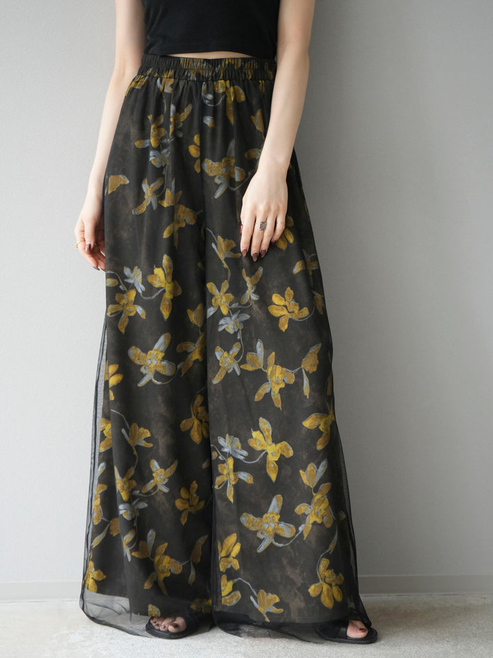 [予約]フラワープリントチュールレイヤードパンツ/ブラウン