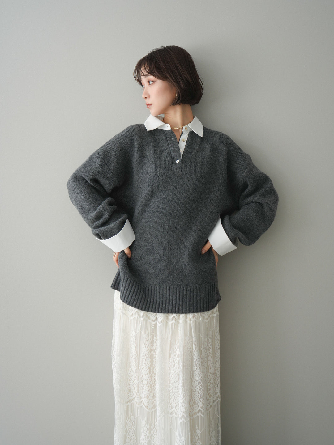 [予約]シャツドッキングオーバーニットプルオーバー/charcoaloff