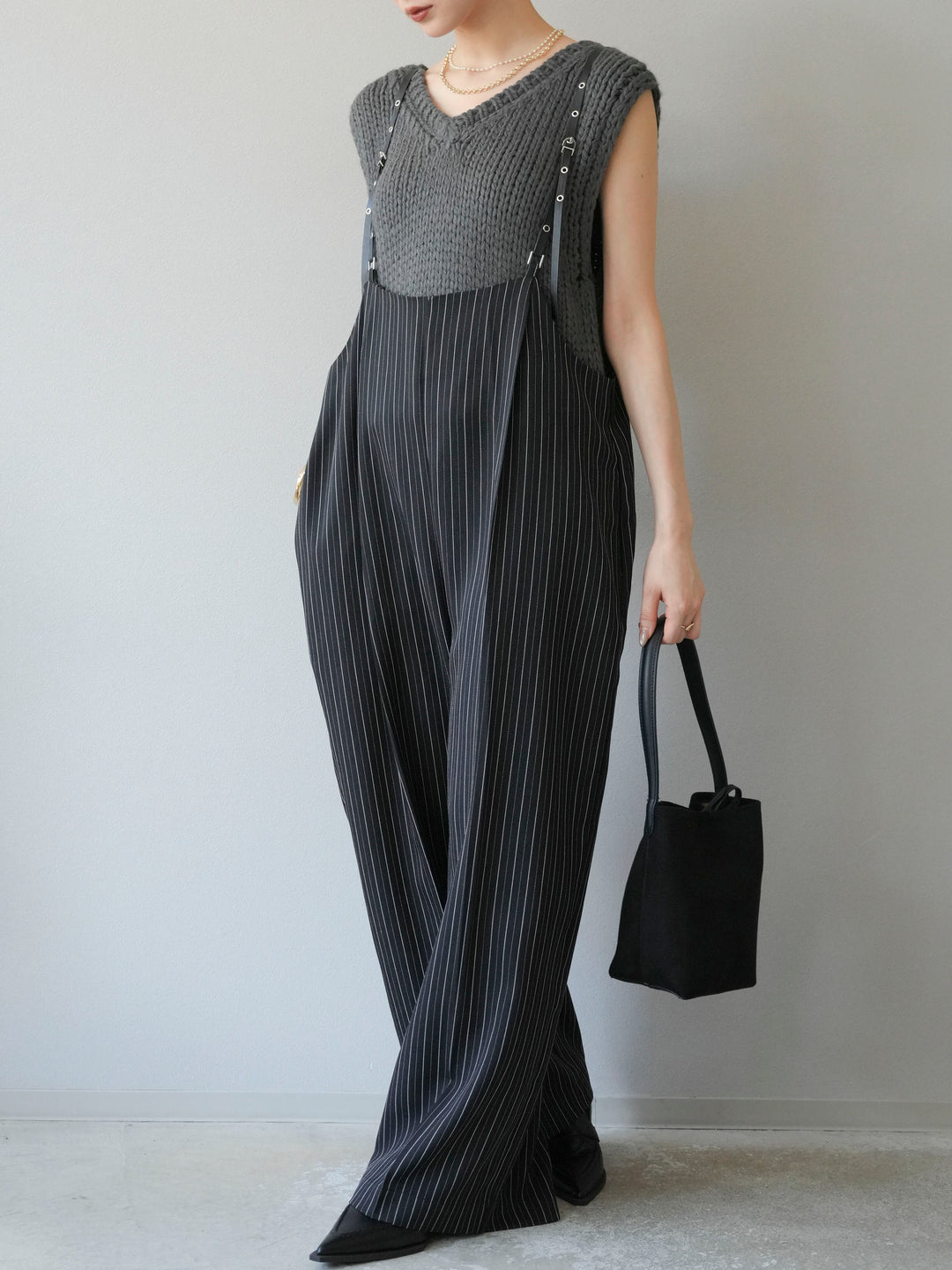 [予約]ヘリンボーンストライプサロペット/ブラック