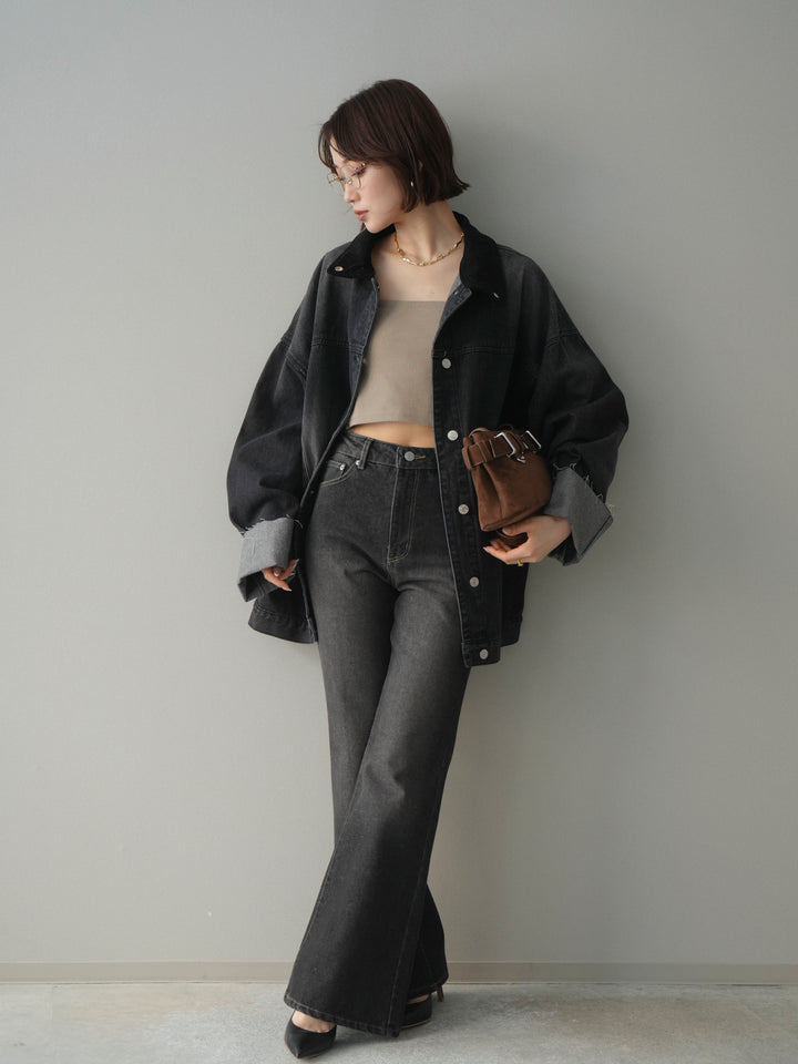 [SET]コーデュロイ×デニムミドルジャケット+フレアデニムパンツ(2set)