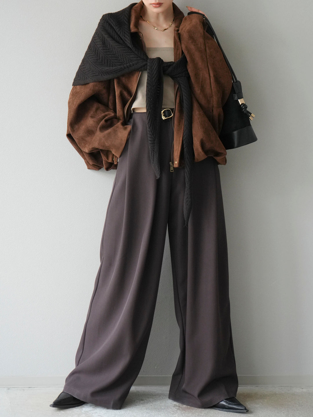 [SET] 麂皮外套+皮帶環設計寬褲（2套）