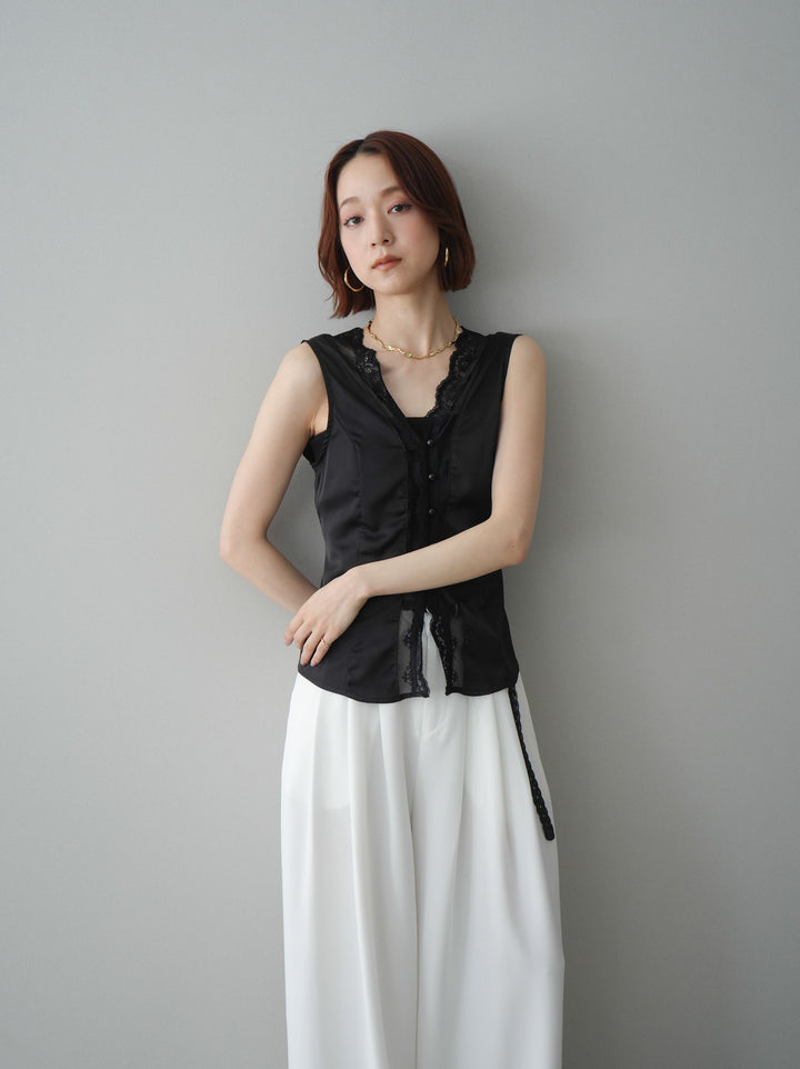 [予約]ノースリサテンレースキャミソール/black