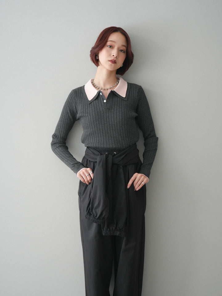 [予約]ダブル襟ポロリブニットトップス/charcoalgray