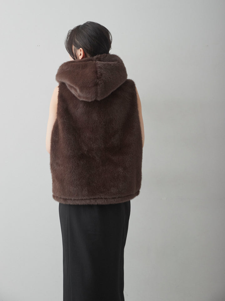 [予約]ファーフードベスト/brown