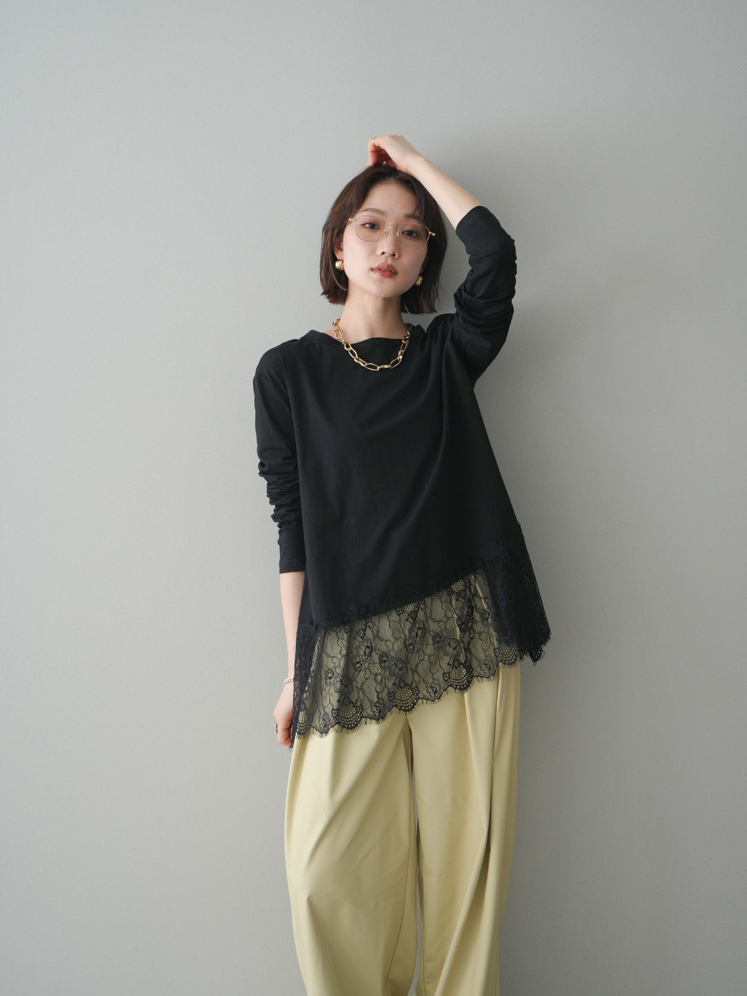 [SET]裾レースロングスリーブTシャツ+選べるアクセセット(2set)