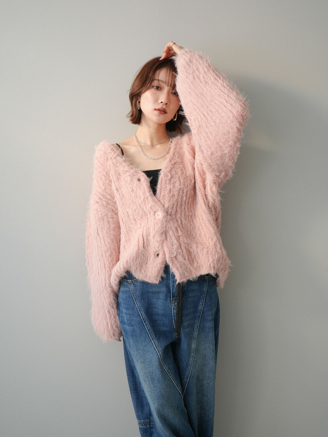 [予約]シャギーオーバーニットカーディガン/pink