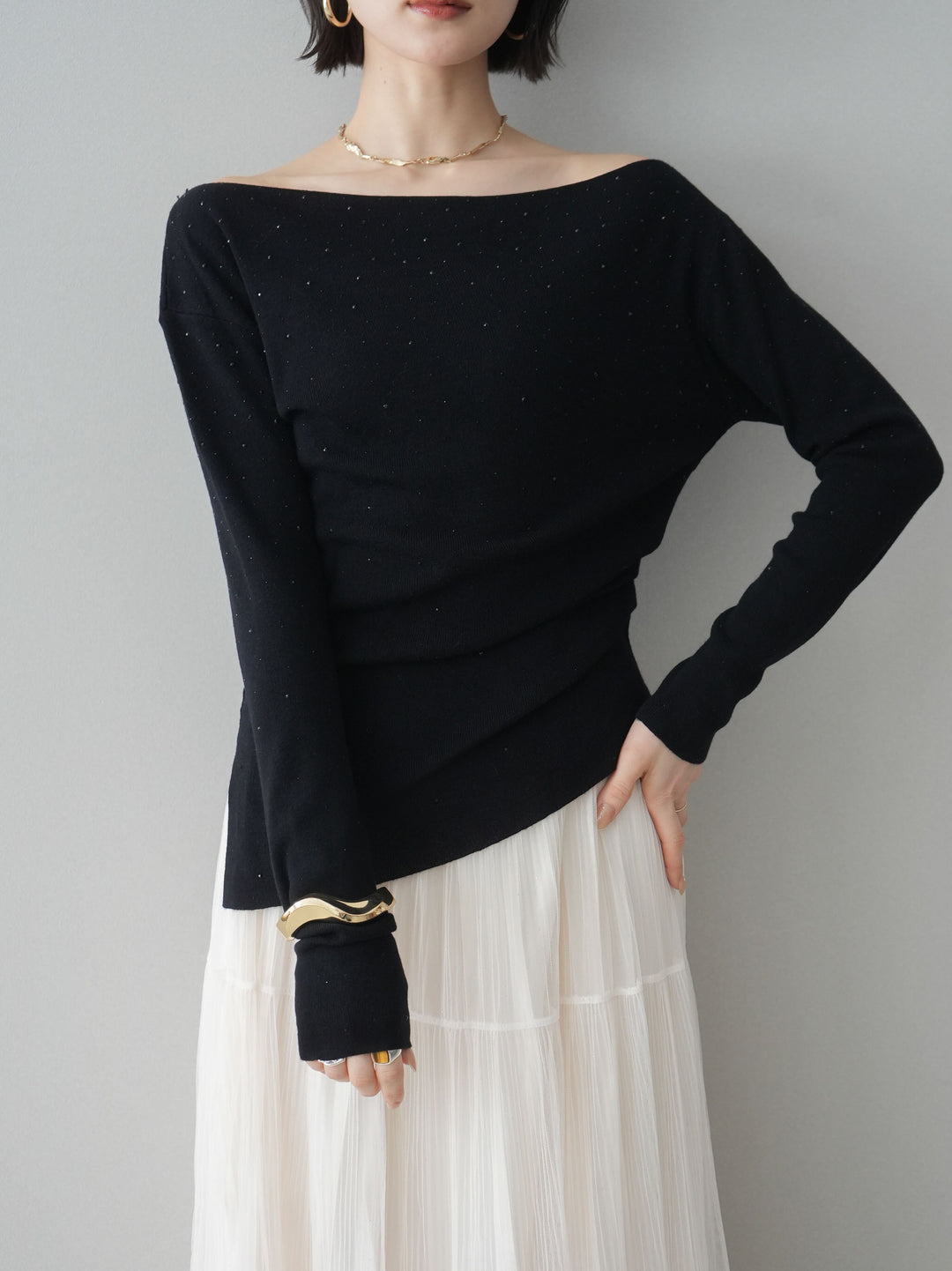 [予約]ラインストーンアシンメトリーニットトップス/black