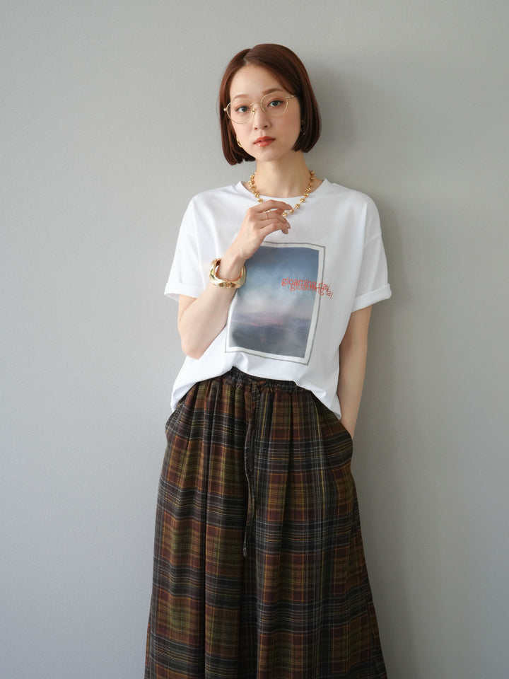 [SET] 薄紗層疊印花T卹 + 透視格紋寬鬆褲 (2件套)