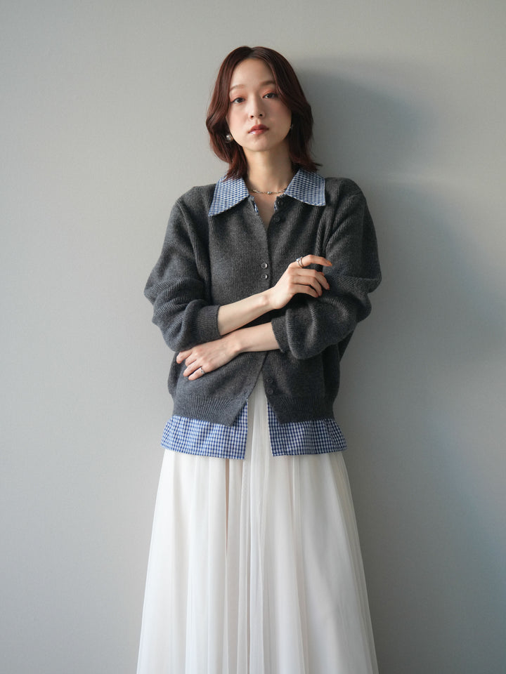 [SET]チェックシャツ襟ニットカーディガン+チュールボリュームスカート(2set)