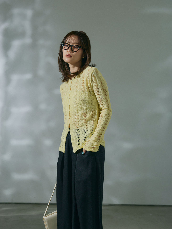 【Allure】[SET]透かし編みニットカーディガントップス+ワッシャーサテンタックジョガーパンツ(2set)