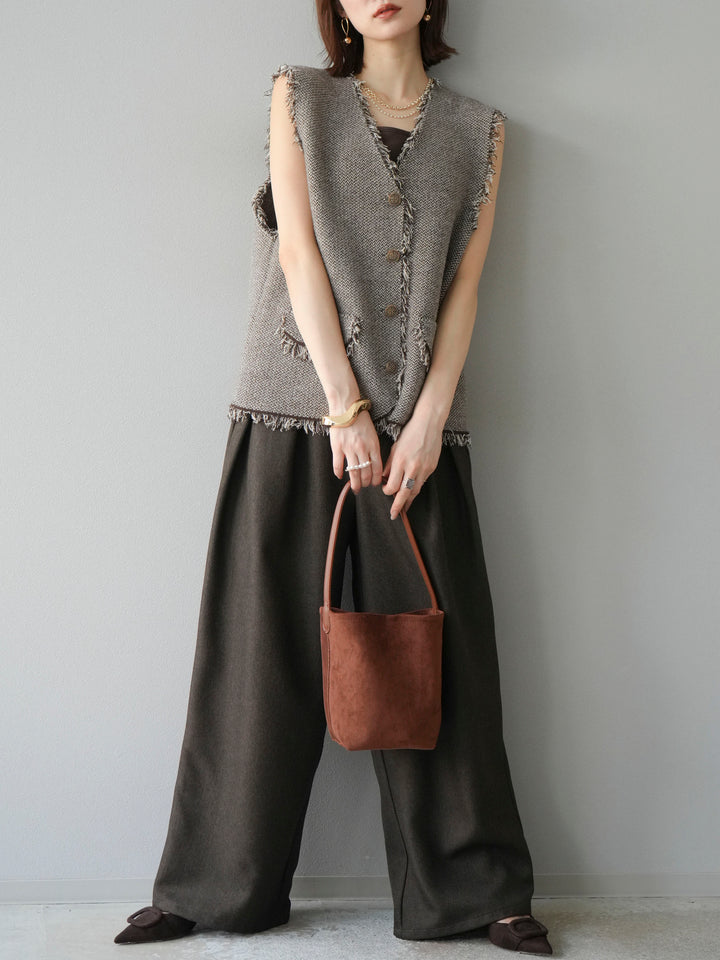 [予約]レザーパイピングタックワイドパンツ/ブラウン