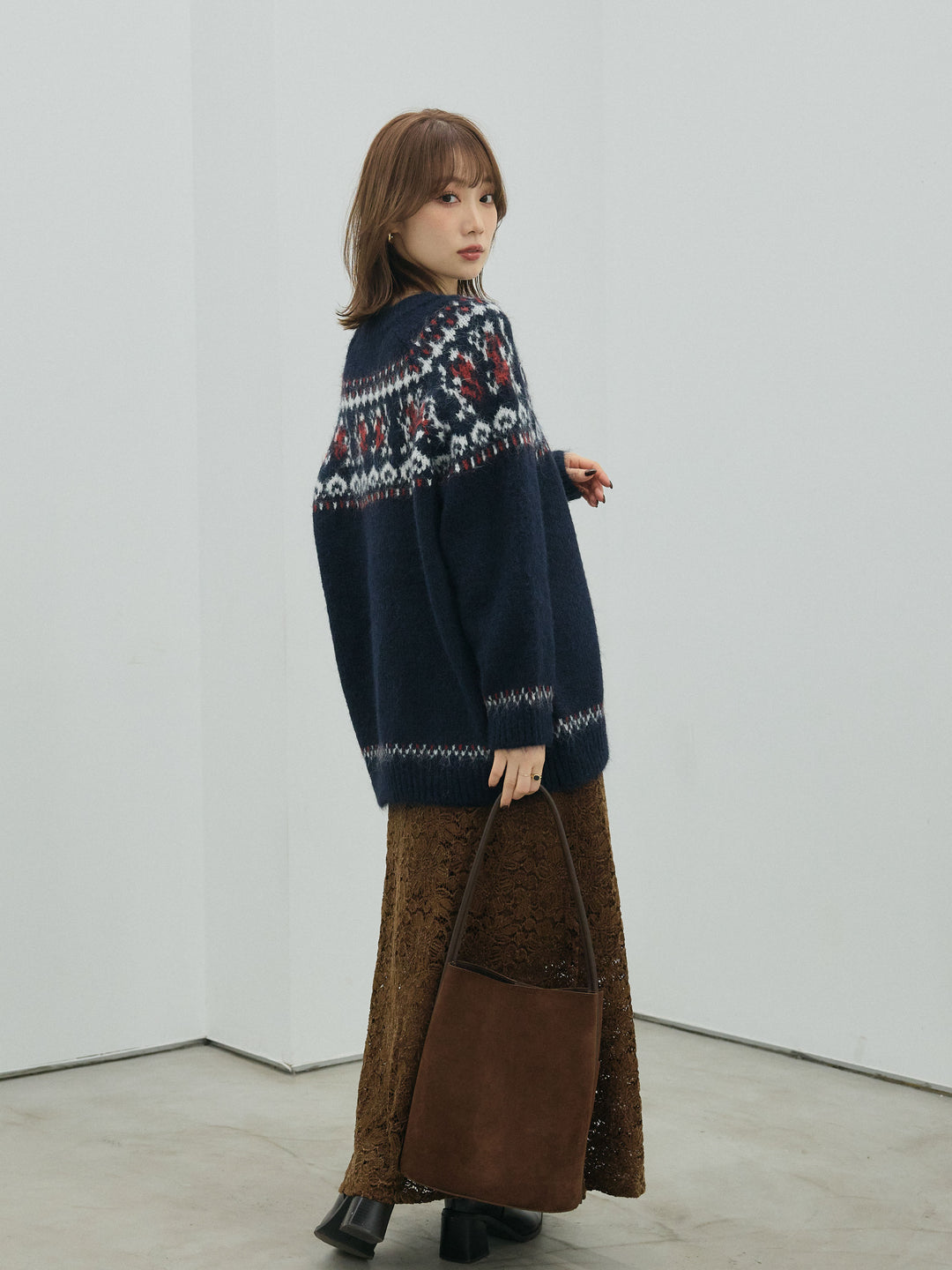 【Allure】[SET]ノルディック柄モックネックオーバニットプルオーバー+起毛レースストレッチナロースカート(2set)