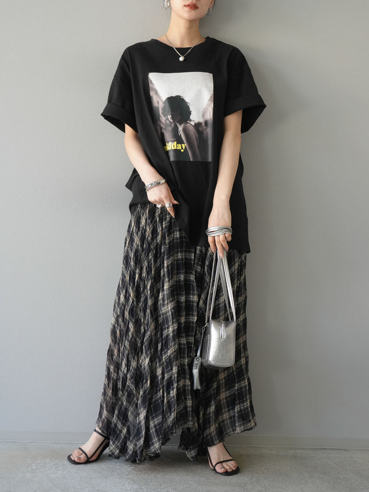 [SET]ネオンロゴフォトプリントBIG Tシャツ+シアーチェックアシンメトリーワッシャースカート(2set)