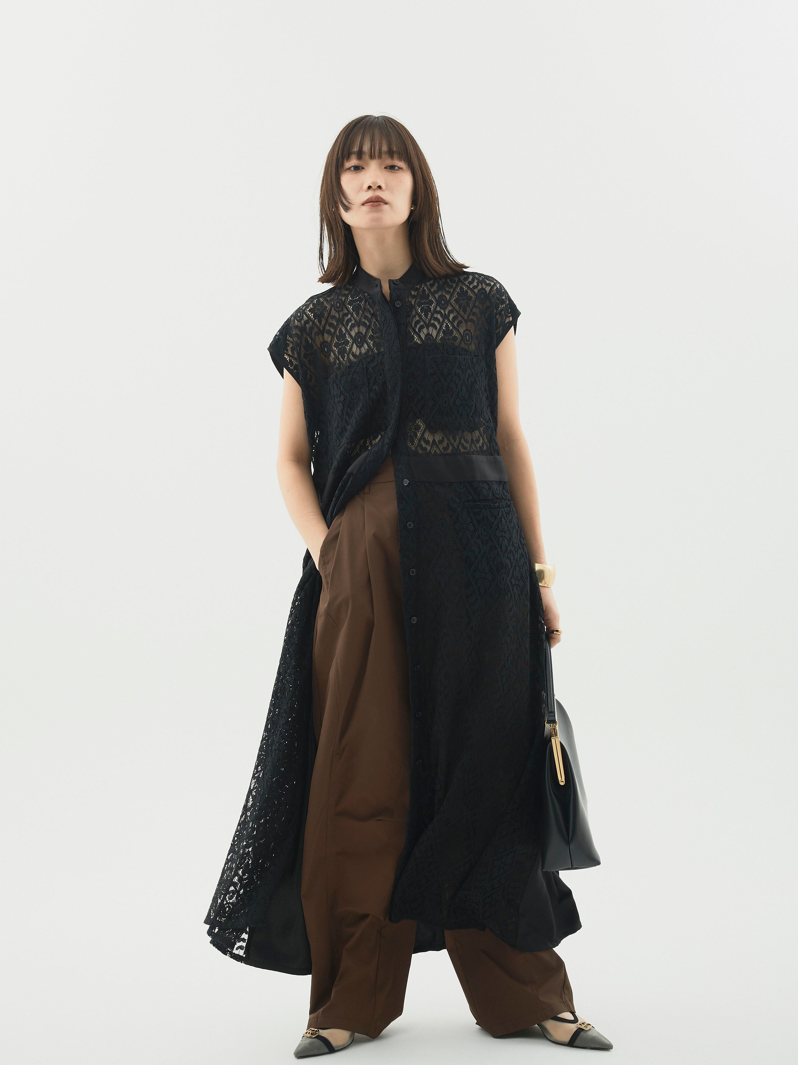 Allure】[SET]レースサテン切替ワンピース+タフタワイドカーブパンツ