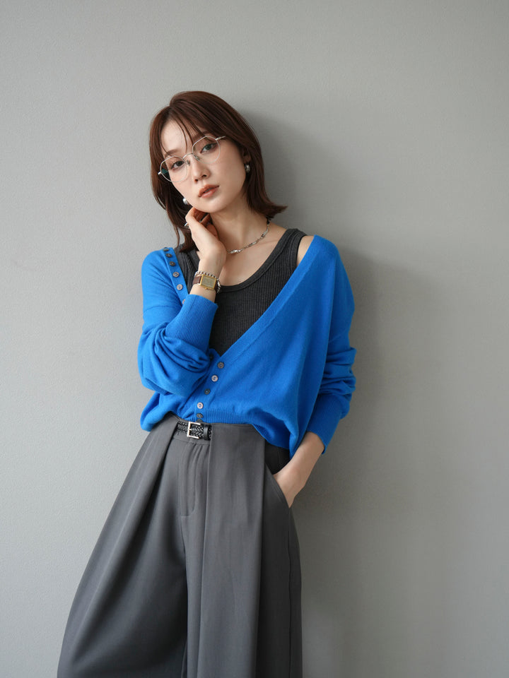 [SET]デザインボタンニットカーディガン＆タンクトップSET+ベルトループデザインワイドパンツ(2set)