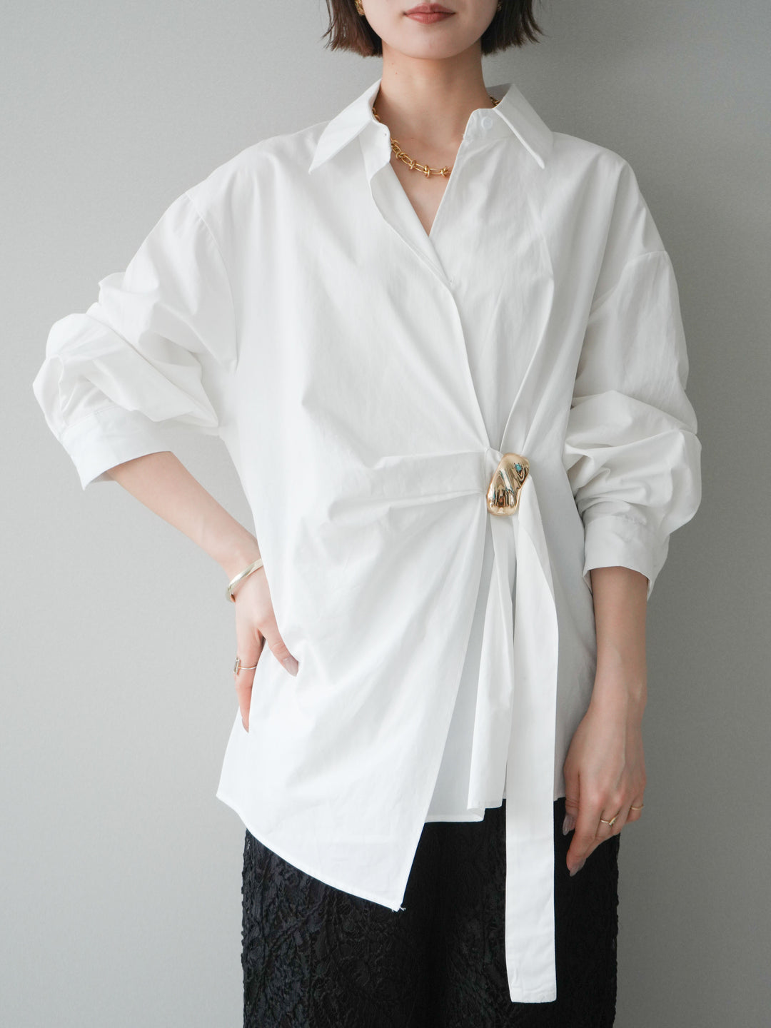 [SET]メタルパーツドレープシャツ+シアーコードレースイージーパンツ(2set)