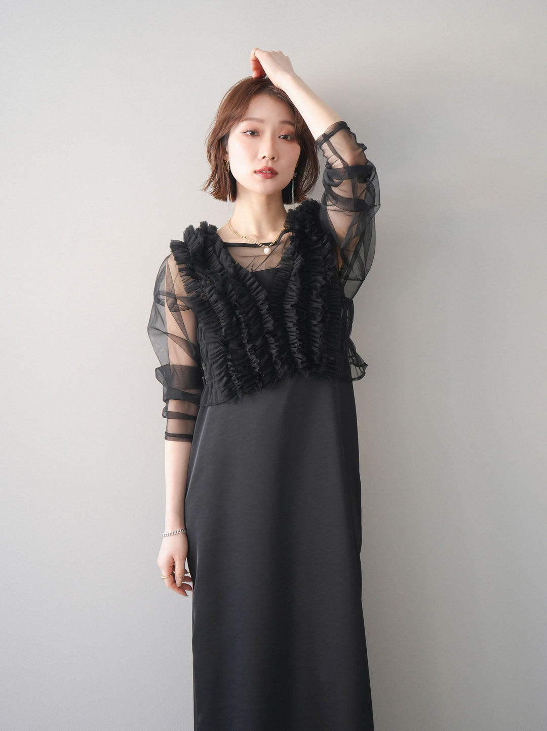 [予約]チュールフリルアンサンブルキャミソールドレス 3点SET/black