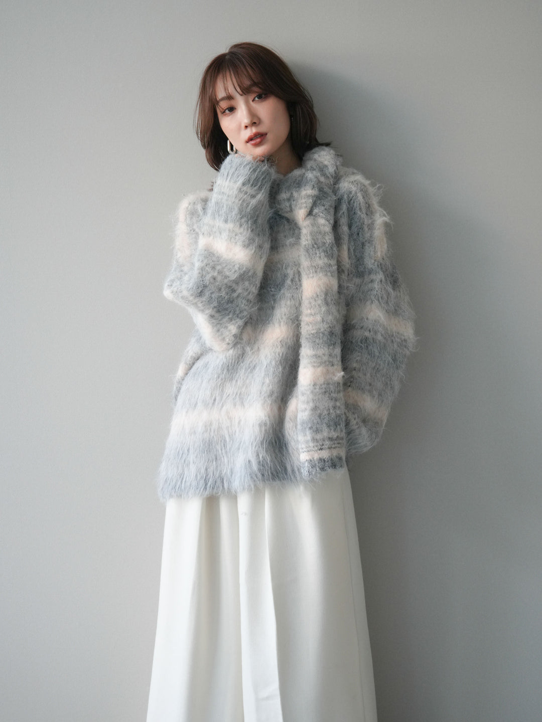 [予約]ストール付シャギーマルチボーダーニットプルオーバー/gray