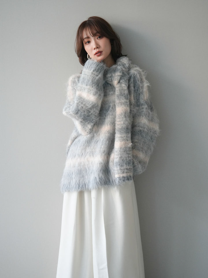 [予約]ストール付シャギーマルチボーダーニットプルオーバー/gray