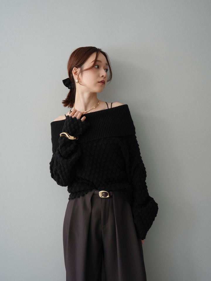 [SET]ポコポコ編みオフショルニットプルオーバー+ベルトループデザインワイドパンツ(2set)