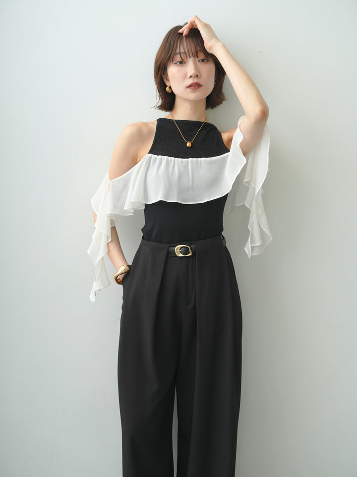 [SET]シフォンフリルドッキングノースリニットトップス+シフォンフリルドッキングノースリニットトップス(2set)
