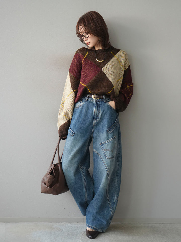 [SET]配色ステッチアーガイル柄ニットプルオーバー+ペインターカーブデニムパンツ(2set)