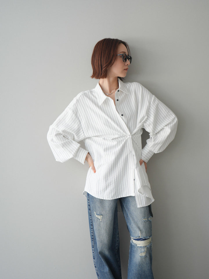 【套裝】雙向裹身條紋襯衫+破洞牛仔半闊腿褲（兩件套）