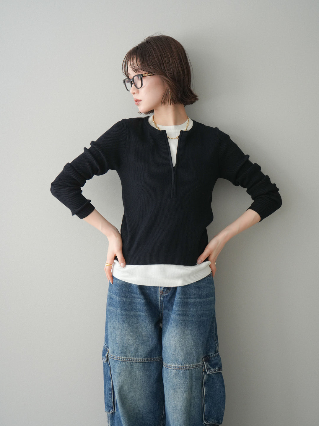[予約]フロントジップ配色レイヤードニットトップス/navy