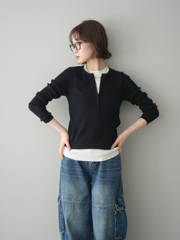 [予約]フロントジップ配色レイヤードニットトップス/navy