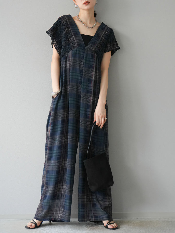 [套裝] 透視格紋褶皺背帶褲 + 配件套裝（2 套）