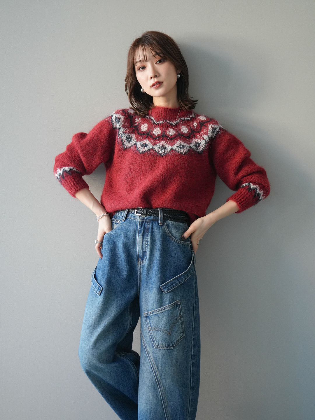 [SET]ソフトタッチ求心柄ニットプルオーバー+ペインターカーブデニムパンツ(2set)