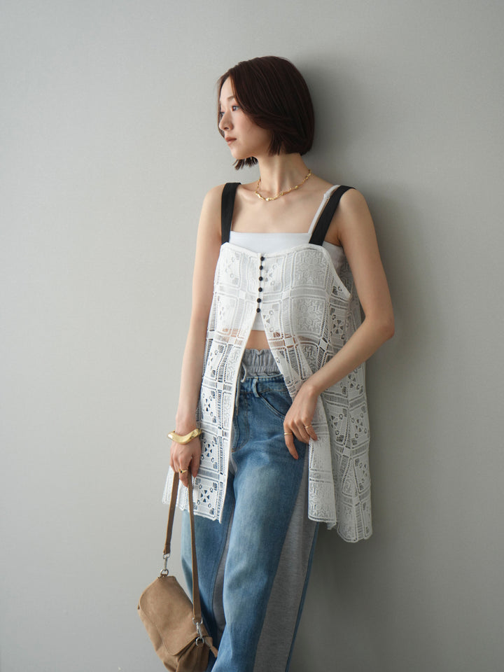 [SET]配色パネルレースキャミソール+デニム切替スウェットパンツ(2set)